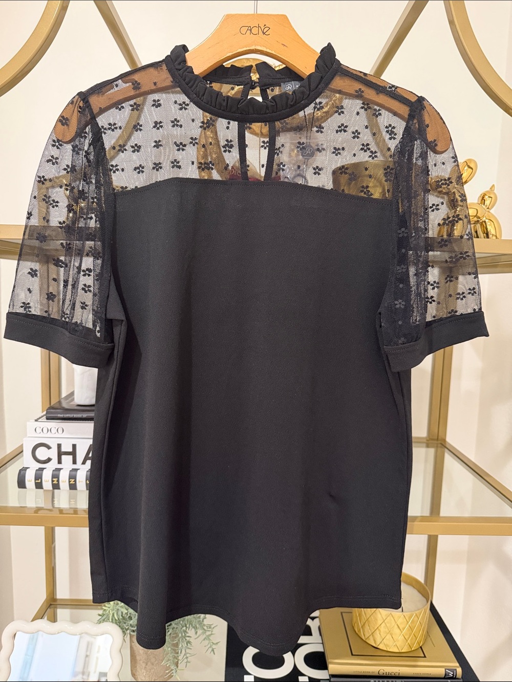 Adrianna Papell Black Sheer Yoke Floral Mesh Top